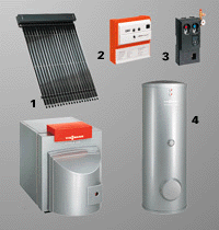 Viessmann Vitosol 100. Technische Daten. Solarsystem mit Vitosol 100 (Typ s2,5). F�r Dachpfanneneindeckung - zur Aufdachmontage bestehen aus: 2 Vitosol, 5 qm Absorberfl�che. Zubeh�r zur Montage. Solar-Divicon mit Umw�lzpumpe Typ PS 10. Solarausdehnungsgef�� (18 Liter). Luftabscheider, Klemmringverschraubung mit Entl�ftungs Anschlu�leitung, W�rmetr�germedium (20 Liter)  Vitosolic 100 und Vitocell Solarspeicher (Typ CVB) 300 Liter Inhalt. Auch mit Heizungsunterst�tzung lieferbar.
