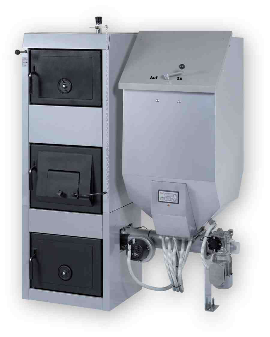 ZDB HD1 Automatischer Kombi Gussheizkessel f�r Holz, Kohle, Koks Scheitholz Holzbriketts und Pellets. Leistungsgr�sse von 7 - 25,0 kW geeignet f�r Wohnh�user, Ein- und Mehrfamilienh�user.Der Universal Zentralheizungskessel ZDB HD1 f�r Pellets, Kohle und Anthrazit ist ein Glieder- Heizkessel aus Grauguss mit wahlweise links oder rechts angebrachtem Pelletvorratsbeh�lter mit bis zu 570 Liter Inhalt. Der Kessel kann sowohl mit Pellets aus dem internen oder einem externen Beh�lter als auch mit Holzscheiten, Kohle uns Steinkohle beschickt werden. Die Z�ndung des Pelletbrenner kann manuell oder automatisch erfolgen. Der gusseiserne Kesselk�rper gew�hrleistet durch seine hohe Korrosionsbest�ndigkeit eine lange Lebensdauer. Dieser Holz-Pellet Gussheizkessel, ist sowohl f�r offene als auch f�r den Betrieb in geschlossenen Heizungsanlagen geeignet.  Der ZDB HWO kann durch seine variable Gliederanzahl dem pers�nlichen Heizleistungsbedarf angepasst werden. 5 Jahre Hersteller Garantie